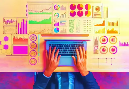 Kunstmatig gegenereerde afbeelding van bovenaanzicht van man met laptop en op bureau allemaal statistieken