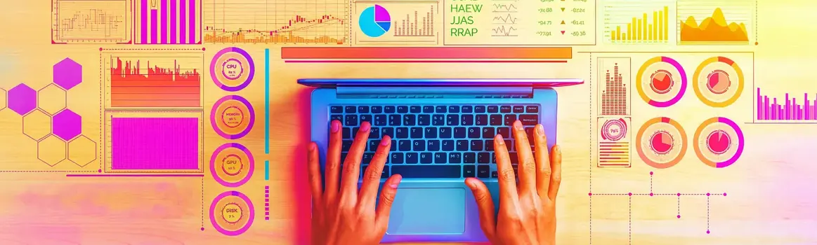 Kunstmatig gegenereerde afbeelding van bovenaanzicht van man met laptop en op bureau allemaal statistieken