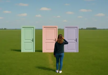 Vrouw staat op grasveld met pastelgroen, pastelpaars en pastelroze deur