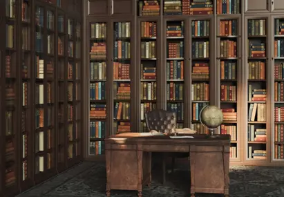 Kamer met boekenkasten en bureau