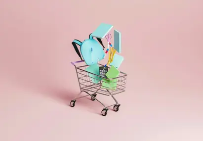 Animatische weergave van boodschappenkar met laptop, tas, schaar, notitieboek