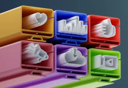 Zes blokken met diverse social iconen