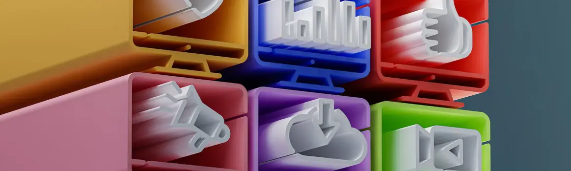 Zes blokken met diverse social iconen