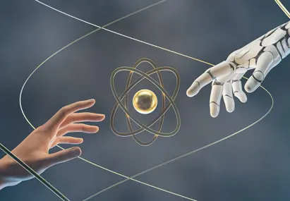 Hand en robothand reiken naar het midden
