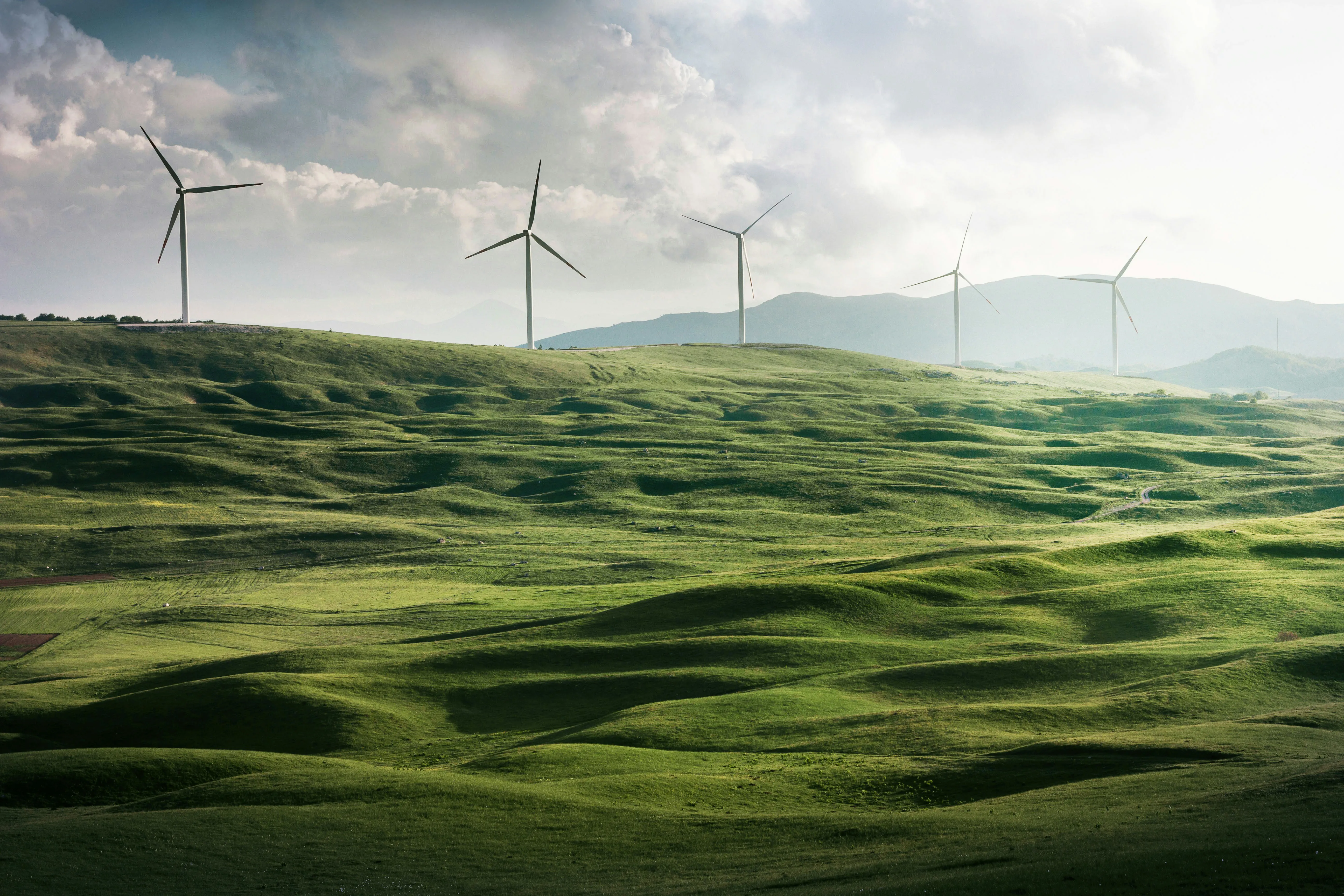 Uitgestrekt groen landschap met windmolens op de achtergrond