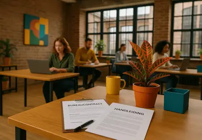 Kunstmatig gegenereerde afbeelding van een kantoor met werknemers en op het bureau een bureaucontract